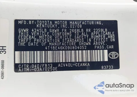 2009 Toyota Camry z USA, uszkodzony, nr VIN 4T1BE46K09U804052
